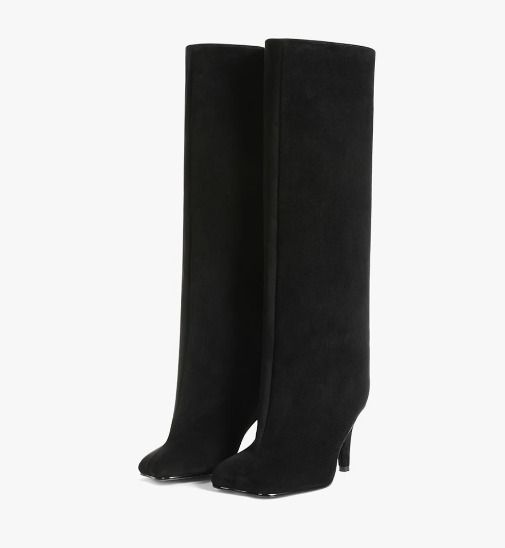 CYNLLIO Suede Boots Knee High Boots Women Square Toe Stiletto Heel Tall Boots Wide Calf Long Boots Heeled Slouchy Boots Winter Boots Warm Walking Office Shoes 8