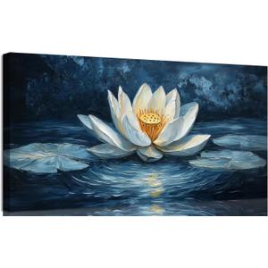 Large Zen Canvas Wall Art White Lotus Floral Bloom In Water Picture Wall Decor Abstract Night Lotus Poster Print Artwork for Yoga Spa Meditation Spiritual Room Bathroom Living Room Office 40L''x20W''