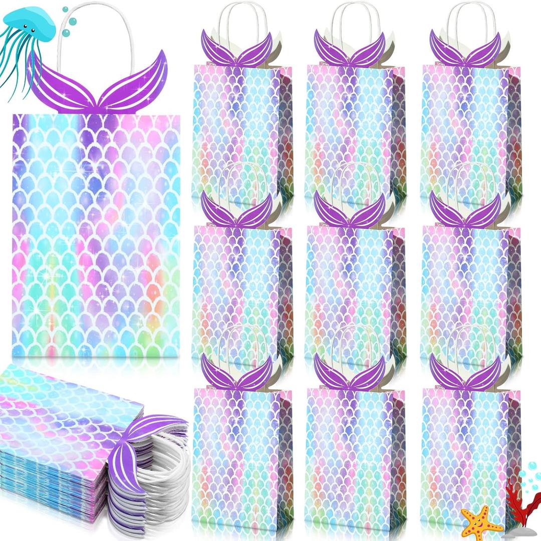 Chinco 24 Pieces Mermaid Gift Bags Party Favors Goodie Candy Treat Bags with Handle Mermaid Party Supplies for Girls Birthday Baby Shower Little Decorations