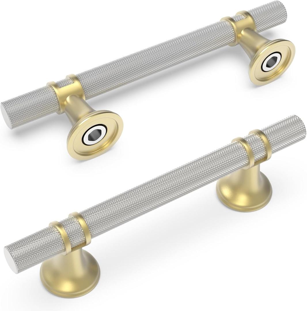 10 Pack 3-3/4 Inch Cabinet Pulls knurled Brushed Satin Nickel and Brushed Gold Kitchen Cabinet Handles Aluminum and Zinc Alloy Drawer Pulls Solid Cabinet Hardware