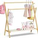 BAMBOOHOMIE Kids Clothing Rack With Storage Shelf & Double Rods, Foldable Dress Up Clothes Rack for Toddler Nursery, Child's Room, 100% Natural Bamboo (Large Size)