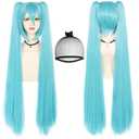 ANOGOL Hair Cap+ 120CM Blue Ponytail Wig Cosplay Lolita Wigs with Double Ponytails Long Straight Blue Cosplay Wigs Synthetic Hair Party for Anime Costume Halloween Outfit