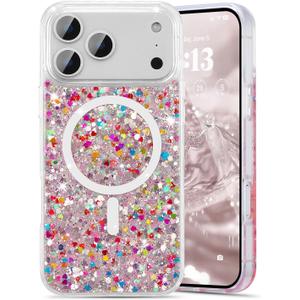 UEEBAI Glitter Case Magnetic for iPhone 17 Pro Case, Luxury Shiny Bling Sparkly Phone Cover Compatible with MagSafe, Wireless Charge Crystal Diamonds Shiny Cover for Women - Pink