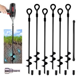 MIXXIDEA18 Inch Ground Anchors Screw in Folding Ring Spiral Metal Ground Stakes Dog Tie Out Stake Spiraling Anchor Trampoline Anchors for Tent (black-6pk) (18in-6pk)