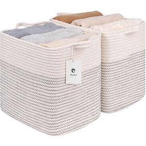 Medium and Large Woven Basket//With Handle, Used for Toys and Fabric Storage Basket used for Storing xl Storage Box, Decorative Storage Box Room 2pack (14L*12H L White/Black Line, 14L*10W*12H)