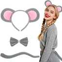 H-Style Mouse Ears Headband, Rat Ears Costume Accessories Women Adult- Rat Ears Headband, Gray Ear with Tail & Bow Tie, Halloween Cosplay Party Dress Up