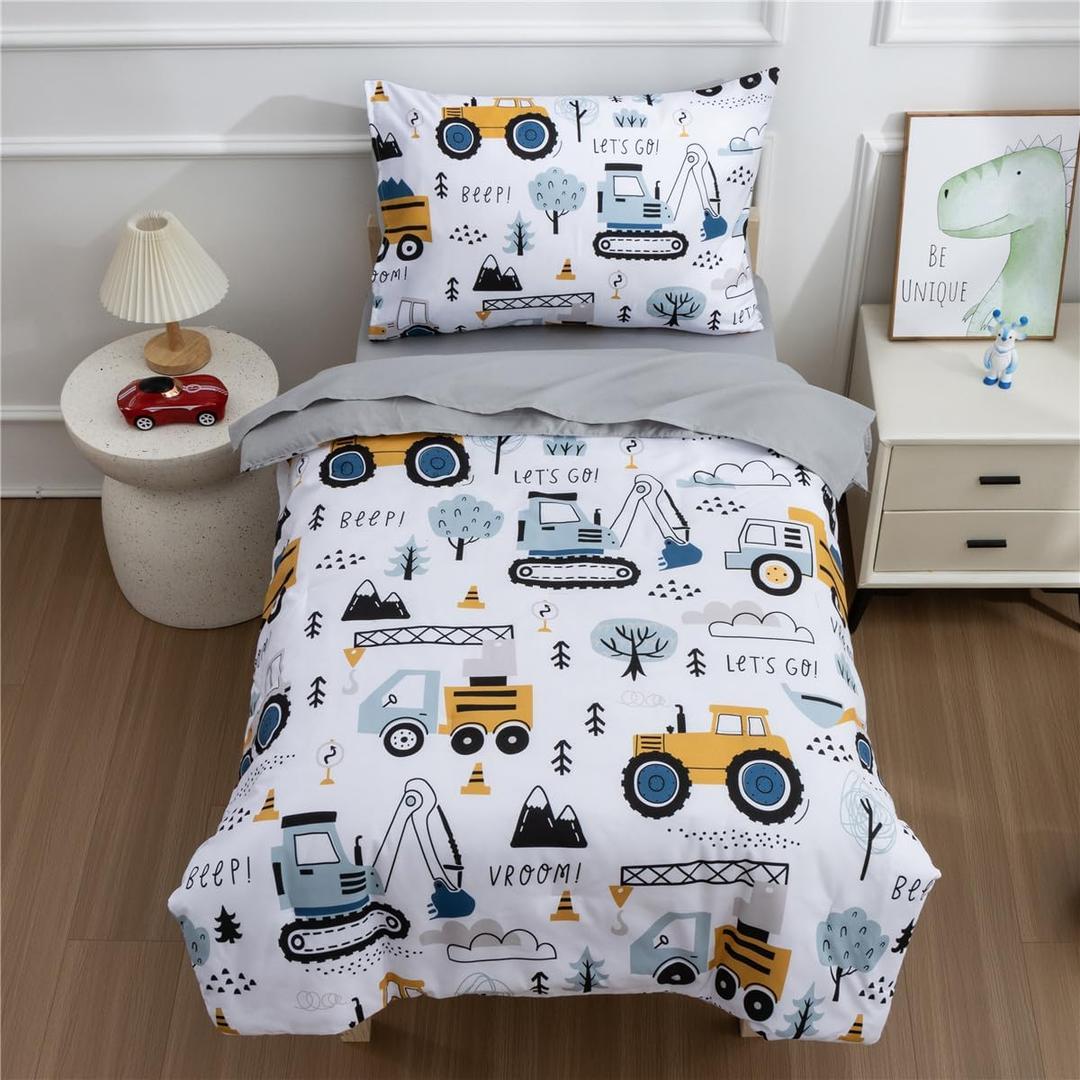 NTBED 4 Pieces Construction Toddler Bedding Set for Baby Boys,Tree Truck Vehicles Excavator Cars Printed, Includes Comforter, Flat Sheet, Fitted Sheet and Pillowcase,Light Grey