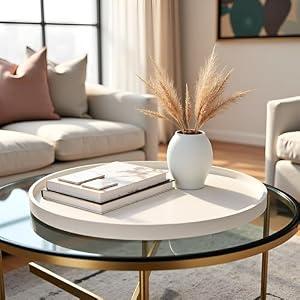 QAVOL 25 x 25 inches high-end Light Luxury Leather Round Oversized Service Tray, Ottoman Tray，Coffee Tray, Food Tray, Family Dinner, Out-of-House Picnic, Party Essential Tray (25 inch Beige)