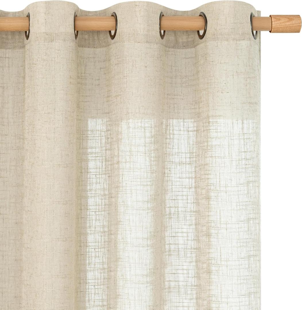 LAMIT Sheer Linen Curtains 84 Inches Long for Living Room, Light Filtering Boho Window Treatments Semi Sheer Neutral Drapes with Bronze Grommet for Bedroom, 52 x 84 Inch, 2 Panels Set, Linen