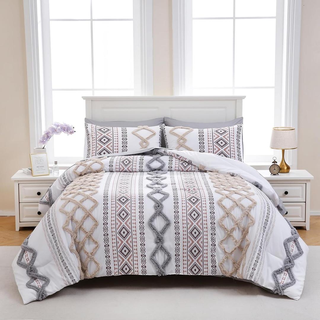 MOVE OVER Tufted Comforter Set King Size Boho Comforter Set 7 Pieces Bed in a Bag King 100% Soft Microfiber Aztec Comforter Set Shabby Chic Farmhouse Style Beige and Gray Fluffy Tufted Bedding Set