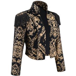Women's Gothic Steampunk Stand Collar Jacket Black Gold Victorian Cropped Steampunk Jacket Short Coat (X-Large)