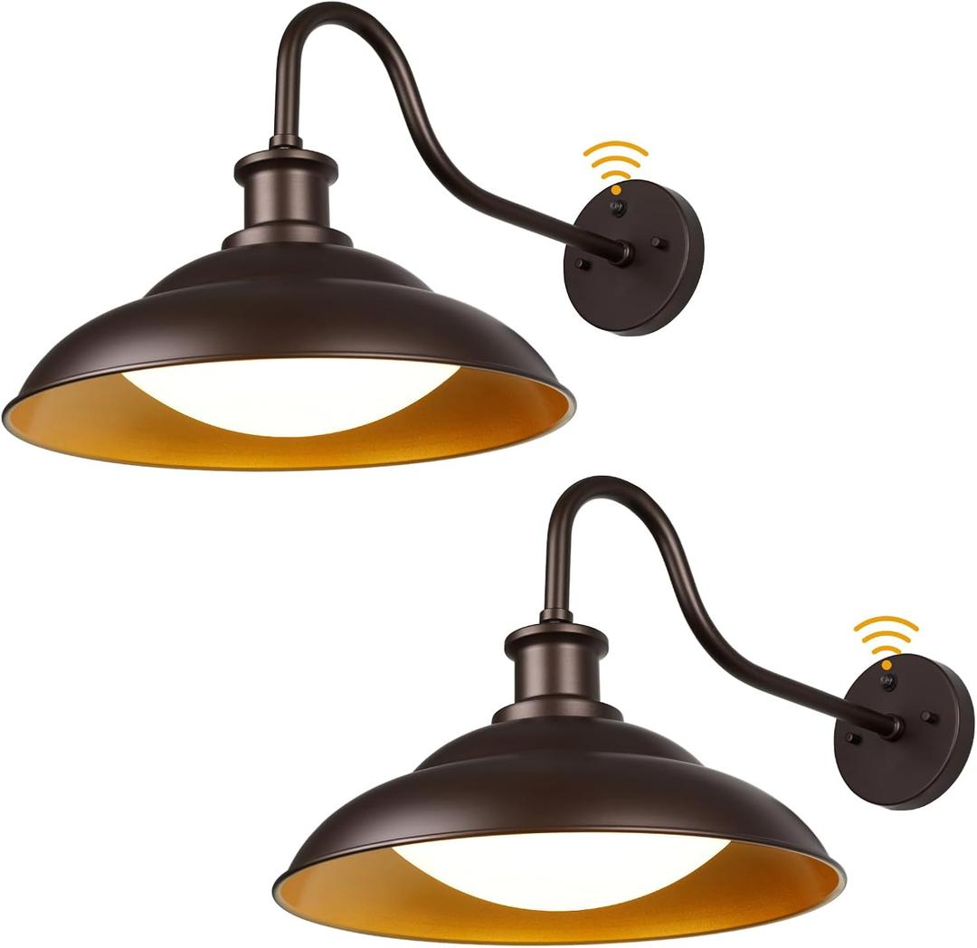 Dusk to Dawn Outdoor LED Barn Lights, 16 Inch Large Farmhouse Exterior Wall Light Fixtures with Adjustable Color Temperature, Modern Bronze Porch Lights Outside for House Garage Doorway (Orb+Gold, 16" - 2 Pack)
