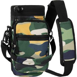 Nuovoware Water Bottle Carrier, 40oz Bottle Carrier Sports Insulated Water Bottle Holder with Adjustable Shoulder Strap, 2 Pockets Flask Sling Bag Drawstring Pouch for Climbing Hiking Walking (Camouflage Green)