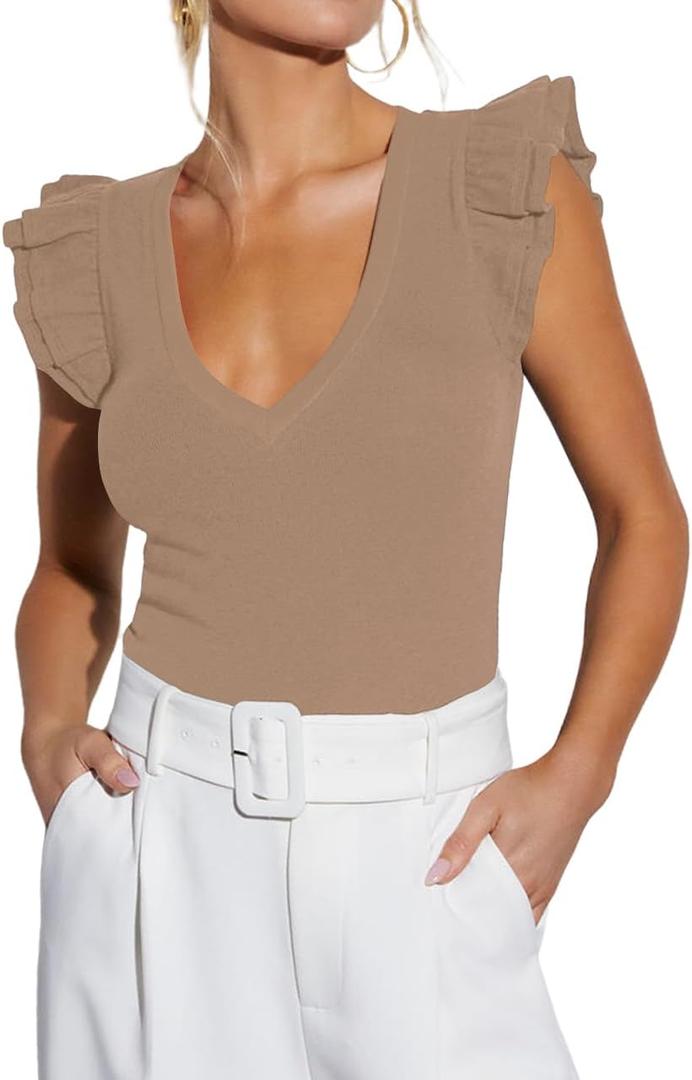 Ezbelle Women's Summer Sleeveless Tops V Neck Ruffle Shirts Ribbed Knit Tank Top Sexy Blouse Ladies Clothes 2025 (Khaki)