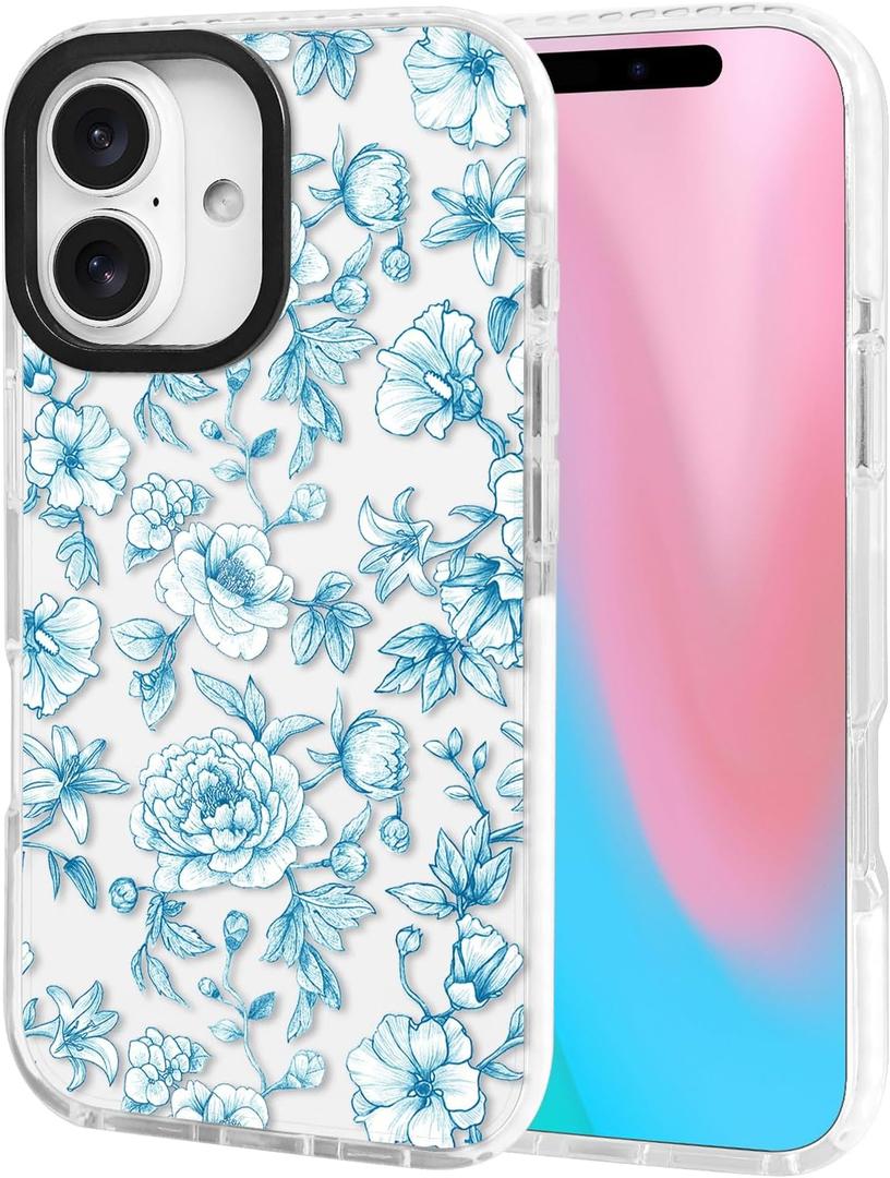 ChiCsFleur for iPhone 16 Case, TPU Phone case with Camera Protection for Women Girls Teens - Light Blue Chinoiserie Nature Peony Minimalist Floral Elegant Artistic Sorority Aesthetic Unique (Peonelle)