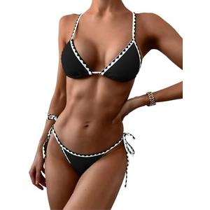 ZAFUL Women's Triangle Bikini Tie Side Whip Stitch String Bikini Two Piece Swimsuit Bathing Suits, M