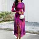 ECOWISH Long Sleeve Midi Formal Dress Women Fall Ruched Bodycon Party Cocktail Club Mesh Dresses Crewneck Floral Tie Dye Slit (S)