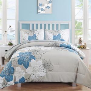Luxudecor Floral California King Size Comforter Set, 7 Pieces Blue Floral Bed in a Bag Comforter and Sheet Set, Soft Microfiber Cal King Complete Bedding Sets for All Seasons 104"96"
