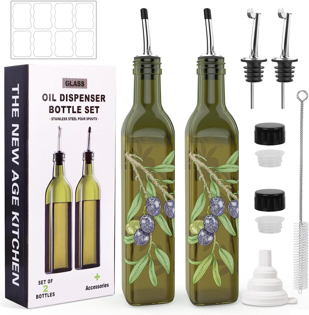 COOLMI Oil and Vinegar Dispenser Set - 17oz/500ML Premium Glass Olive Oil Dispenser Bottles for Kitchen, Oil Dispenser for Kitchen (Olive)