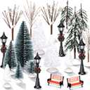 Aoriher 28 Pieces Mini Artificial Christmas Tree Set 22 Frosted Christmas Pine Trees and Snow Covered Village 4 Xmas Street Lamp Post and 2 Miniature Park Bench Seat