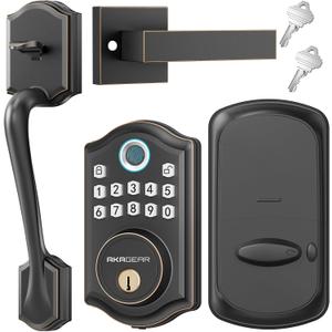 AkaGear DS10 Keyless Entry Door Lock with Handle Set - Fingerprint Deadbolt, Electronic Keypad Deadbolt, Smart Locks for Front Door, Auto-Lock & One Touch Locking - Oil Rubbed Bronze