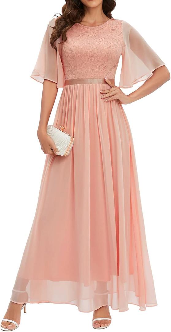 Bbonlinedress Womens Lace Bridesmaid Formal Evening Gowns Prom Chiffon Wedding Guest Dress (S, Pink)