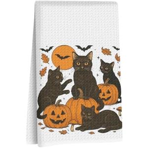 Lovdazzles Halloween Cat Kitchen Towels, Jack-O'-Lantern Decorative Absorbent Microfiber Dish Cloth Tea Towel, Bat Waffle Soft Hand Towels for Farmhouse Home Bathroom, Halloween Decor Gift