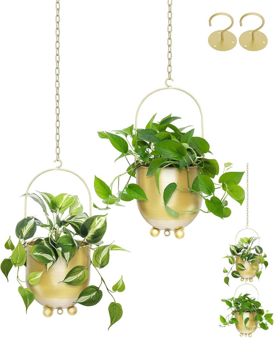 AceList Boho Gold Metal Hanging Planters, Set of 2 with Hooks & Chains - Versatile Wall & Ceiling Window Hanging Planters for Indoor/Outdoor Dcor (Modern 4.3 Inch)