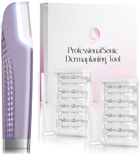 Dermaplane Razor For Women Face, 3 Adjustable Dermaplaning Tool,Facial Hair Removal Razors with Led Light for Peach Fuzz,Rechargeable Sonicsmooth Facial Hair Remover with 8 Replacement Blades (Purple)