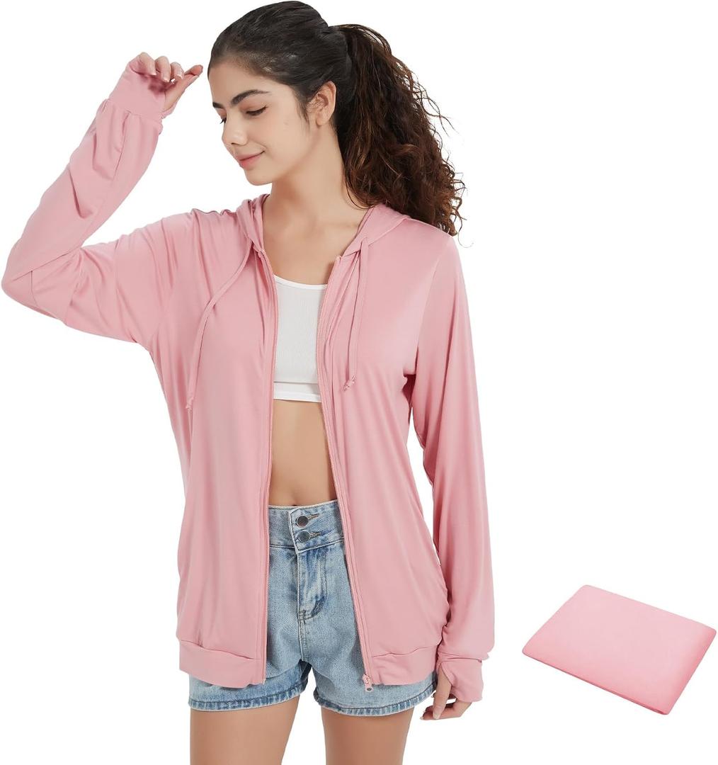 QBK Light Weight Zip Up Hoodie Thin Summer Jacket For Women(Pink XXL)