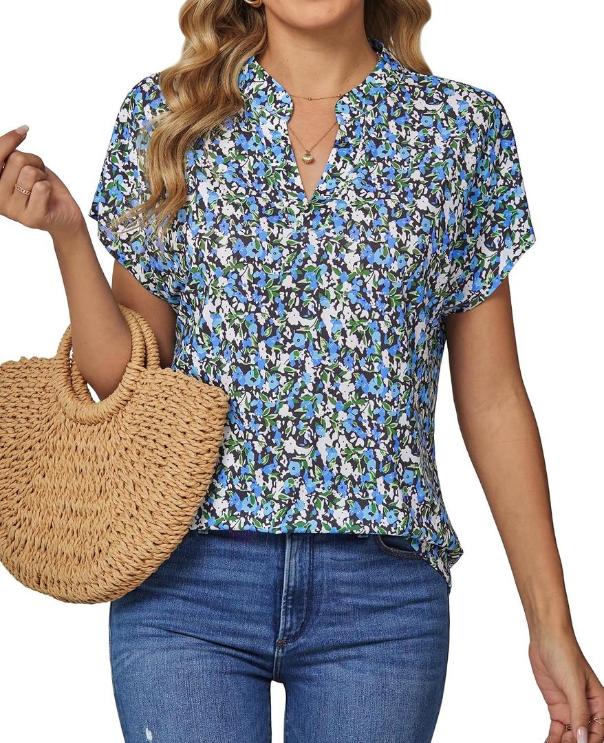DJT Womens Summer Tops Short Sleeve Shirts Trendy V Neck T-Shirts Top Dressy Casual Work Blouses (Blue, XL)