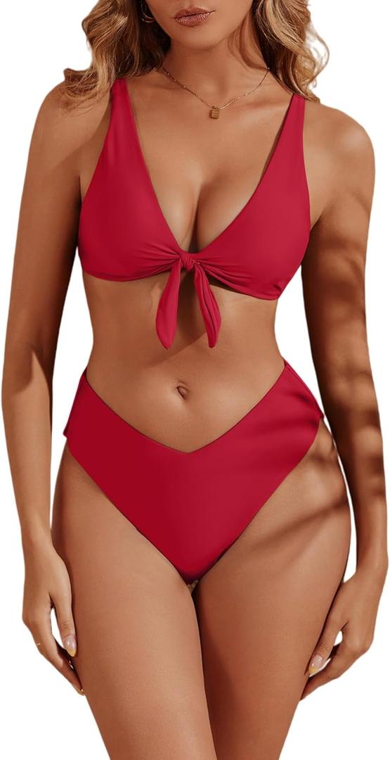 Womens Push Up Bikini Set Sexy V Neck Tie Kont Two Piece Swimsuit Cheeky V Cut High Waisted Bathing Suit 2026 Swimwear Red XL