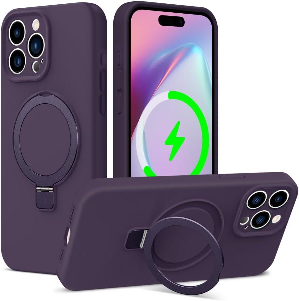 ZHK Liquid Silicone Designed for iPhone 15 Pro Case with Magnet Stand, [Precise Camera Lens Protection][Mil-Grade Drop Shockproof][Soft Anti-Scratch Microfiber Lining] Slim Fit Cover, Purple