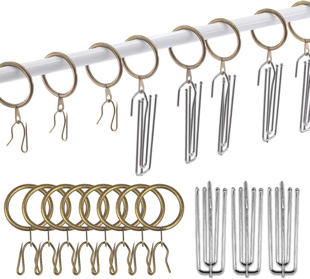 120 Pcs 1.5 Inch - 38mm Antique Brass Metal Drapery Curtain Rings Curtain Hanging Rings and Stainless Steel 4 Prongs Pinch Pleat Hook with Drapery Curtain Pin-on Hooks Pins for Bathroom, Living