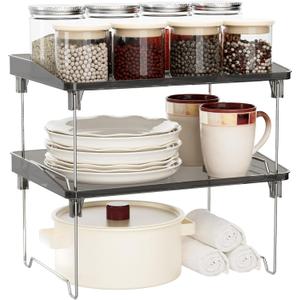 STARLATTA 2 Pcs Cabinet Organizer ShelfStackable Kitchen Counter Shelves, Spice Rack,Countertop OrganizersBlack Plastic Storage Shelves Rack for MakeupBathroom, CupboardDeskPantry Organization