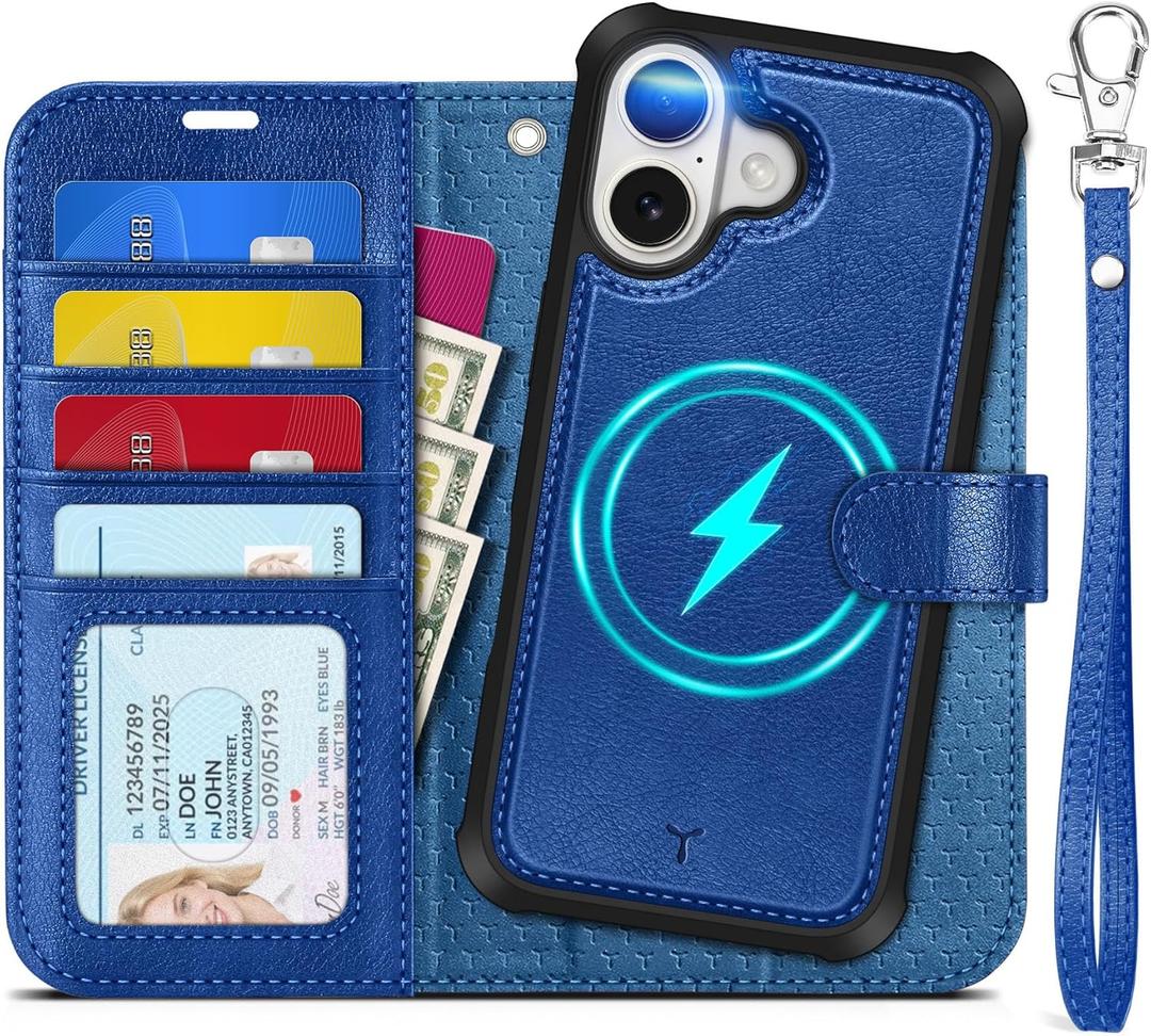 TUCCH 2-in-1 Detachable Wallet Case for iPhone 17 (6.3-inch) 2025, RFID Blocking 4 Card Slot | Wireless Charging | Wrist Strap | Kickstand | Magnetic | PU Leather | Protective Flip Cover | Klein Blue
