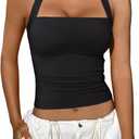 REORIA Women's Halter Going Out Tops 2025 Summer Y2K Shirts Sleeveless Sexy Crop Tank Top Y2k Outfits (Medium, Black)