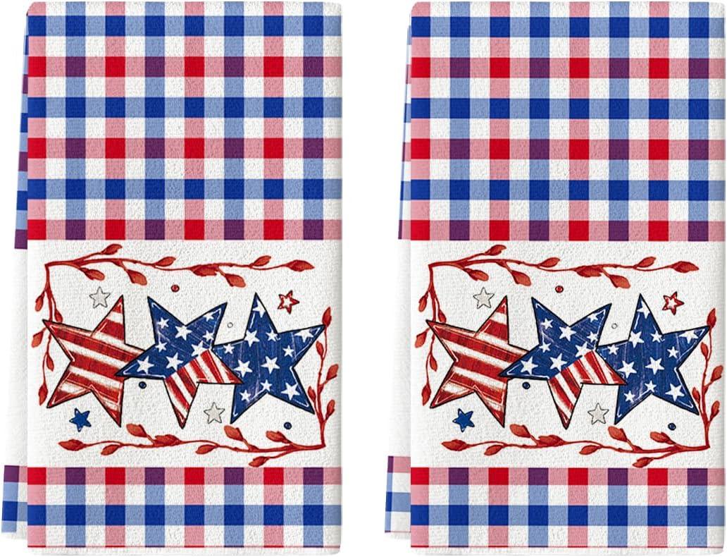 Artoid Mode Blue Red Buffalo Plaid Stars Patriotic 4th of July Kitchen Towels Dish Towels, 18x26 Inch Memorial Day Decoration Hand Towels Set of 2