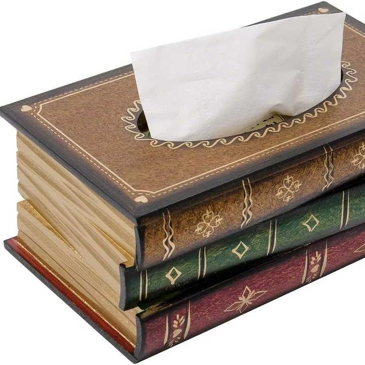 Crafted Classical Retro Wooden Tissue Box Cover  Antique Book Design, Rectangular Napkin Holder & Paper Dispenser for Home, Office, Car, Kitchen, Living Room, and Bathroom (Multicolor)