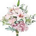 Artificial Fake Faux Flowers Silk Flower Arrangements Bouquets with Lilies, Buttercup, Hydrangea, Chrysanthemum, babysbreaths (Pink)p, And Vase