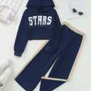 Girls' Clothing Set Crop Top Letter Hoodie Sweatpants Fall Winter Outfits Tween Girl Trendy Clothes Activewear 8-12 (Navy)