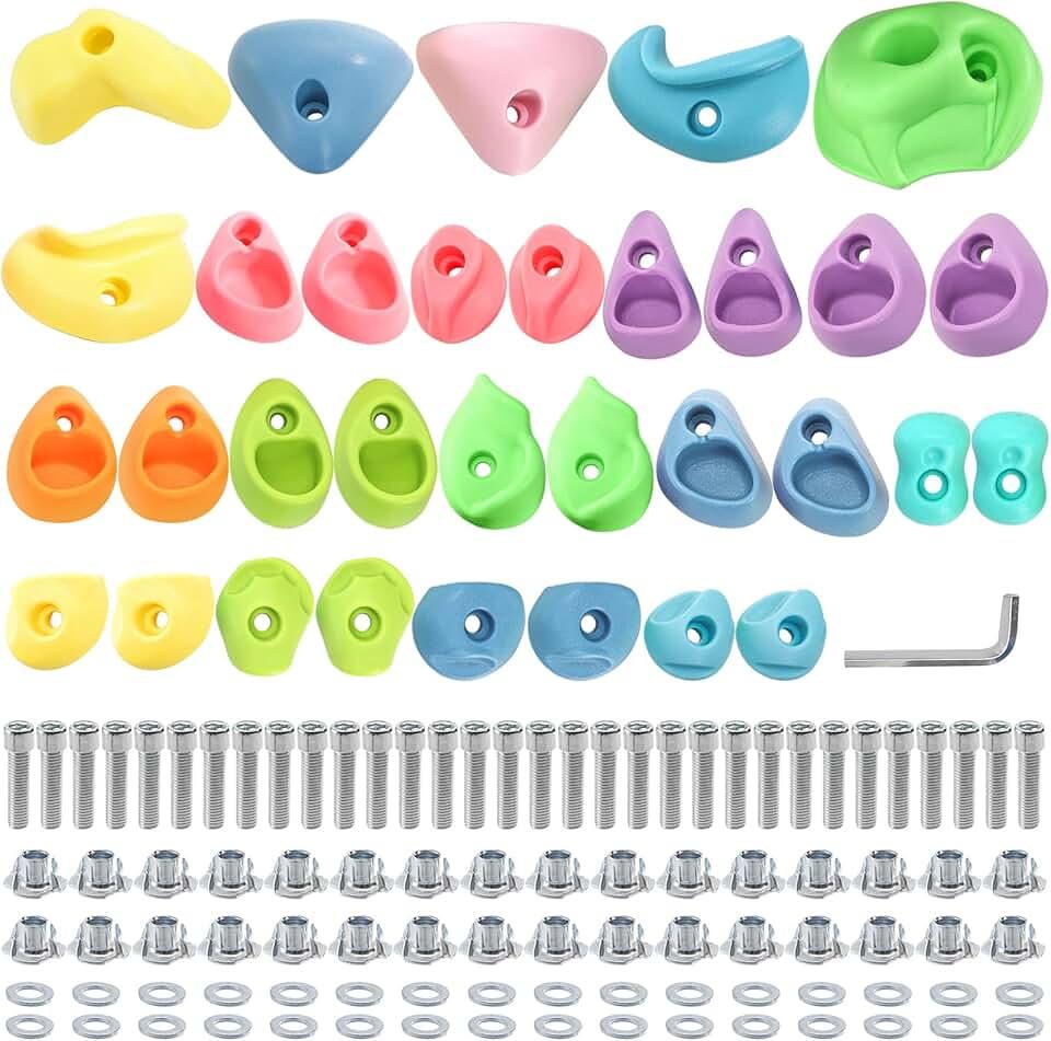 ZENFUN 32 Packs Rock Climbing Holds Multi Size and Color, Indoor & Outdoor Rock Wall Climbing Kit, Rock Wall Holds Multi-Colored Climbing Rock Wall Grips with Mounting Hardware