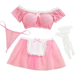 Aranmei Lingerie for Women Sexy Lingerie Sets Mini Mesh Skirt with Thong 4 Pieces(with Stockings) (Pink, XL)