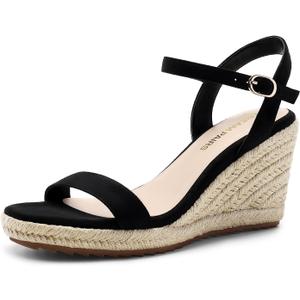 DREAM PAIRS Espadrilles Wedge Sandals for Women, Women's Open Toe Summer Dressy Sandals with Adjustable Ankle Strap and Soft Footbed (8, Black)