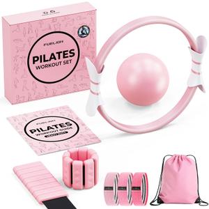 Fuelion Pilates Ring Set, Magic Circle Yoga Ring, Pilates Ball, Adjustable Ankle Wrist Weights, Resistance Bands, Mini Ball, Pilates Starter Kit for Strength, Workout Guide Included (Small-Basic, Pink)