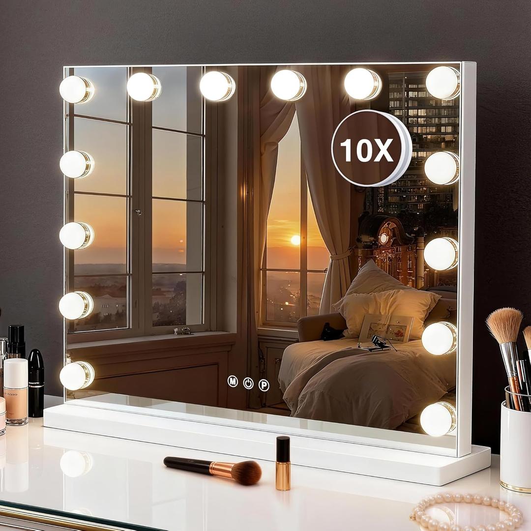 Vanity Makeup Mirror with Lights,Hollywood Vanity Mirror with 3 Color Modes,Lighted Vanity Mirror with Dimmable LED Bulbs &10X Magnification for Desk,Bedroom,Tabletop (White, 20.5" x 15.7")