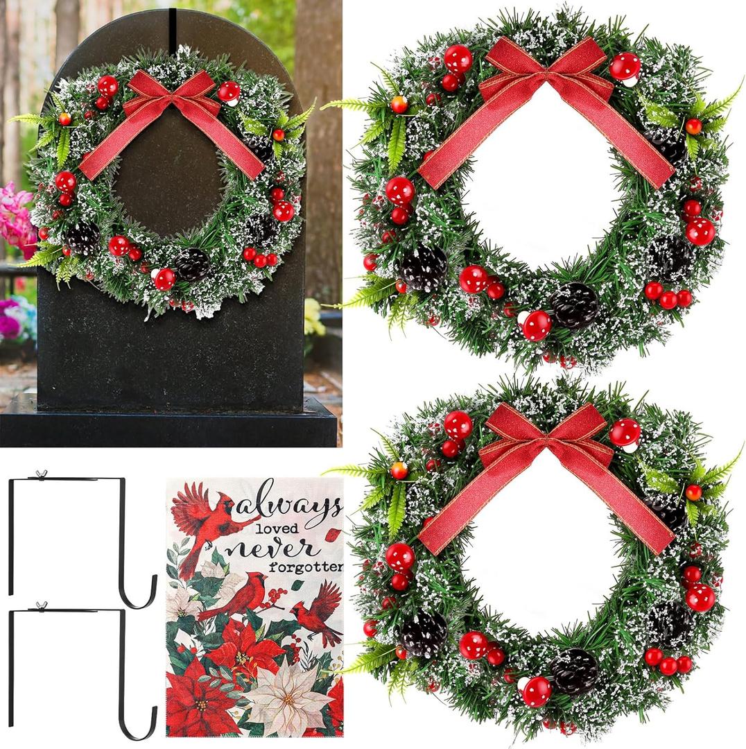 Norme 2 Pack Christmas Memorial Cemetery Wreath for Graves with Garden Flag 12.6in Xmas Grave Wreath Outdoor Cemetery Funeral Flower Stand for Memorial Day Winter Gravestone Decoration