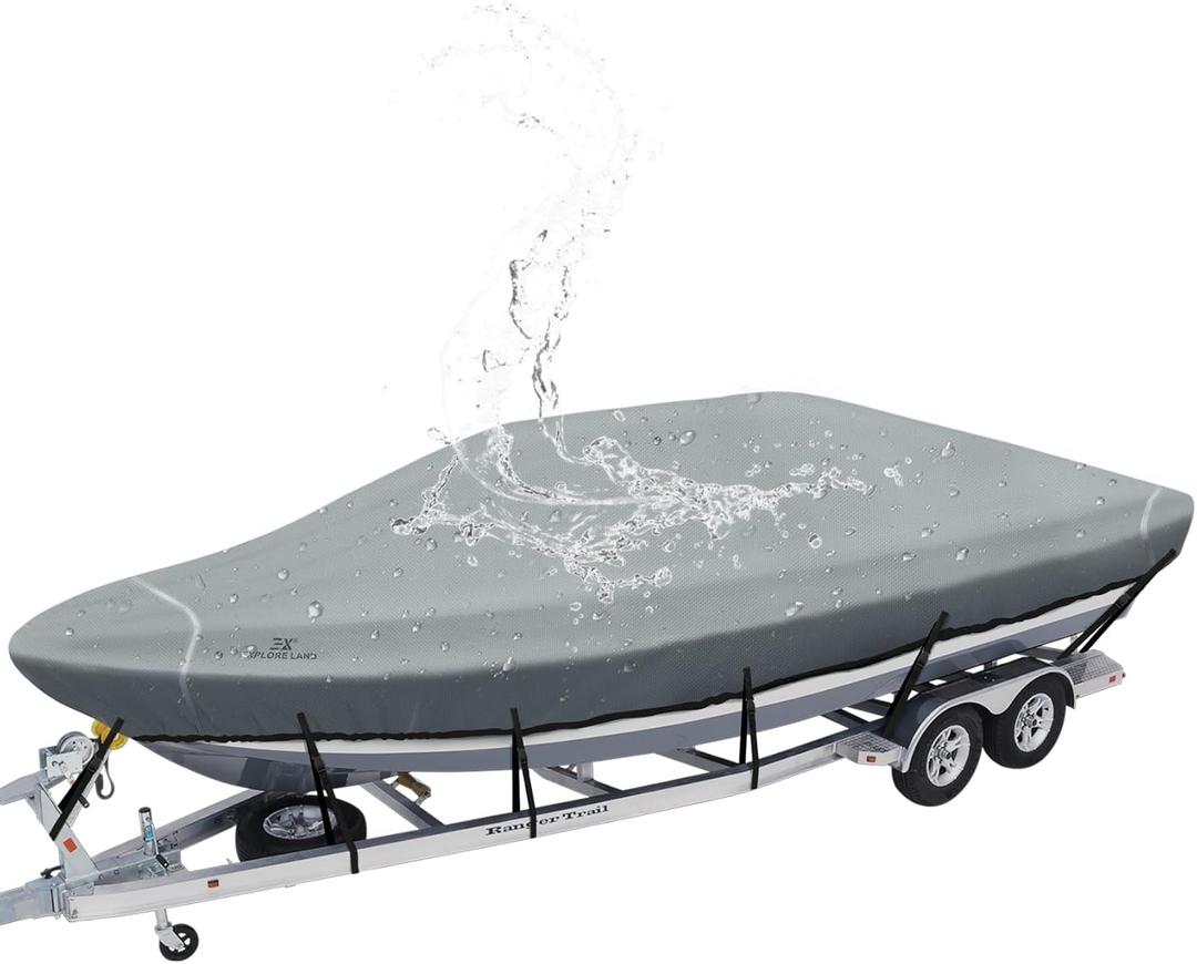 Explore Land 900D Trailerable Waterproof Boat Cover Fits 14'-16'Long Beam Width up to 76" V-Hull Tri-Hull Runabout Fishing Ski Pro-Style Bass Boats, Grey (A: 14'-16'L Beam Width up to 76")