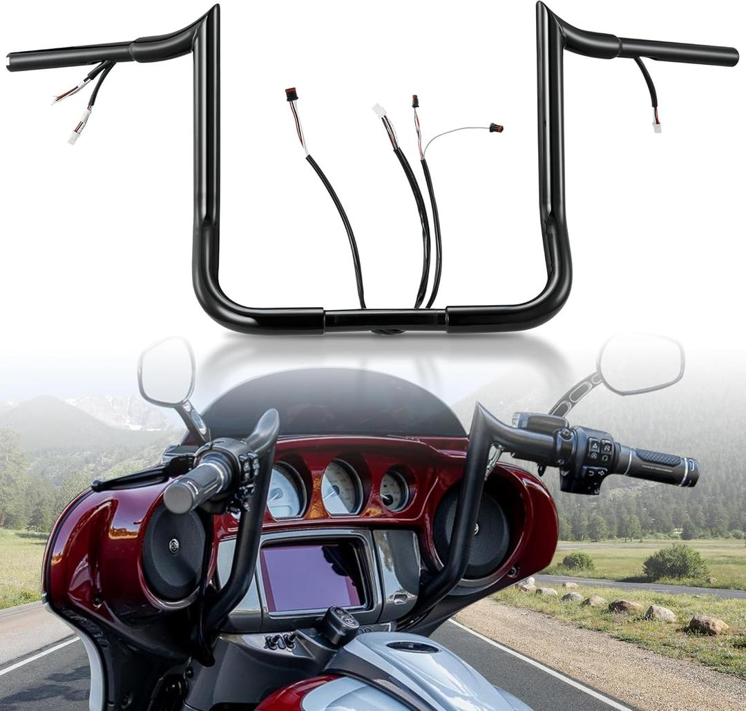 Black PRE-WIRED 14" Meathook Monkey Bar 1 1/4" Bagger Apes Handlebars for Harley Miter Cut 2016-2023 Street Glide/Electra Glide/Ultra LimitedNo heated grip wires)