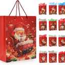 Rusikia Mini 12 Christmas Gift Bags with 12 Tissues Paper 1 Satin Ribbon, Red Party Favor Bags Bulk with Handles, Glittery Cute Father Christmas Goodie Bag for Wrapping, Present (Small 9"x7"x3")